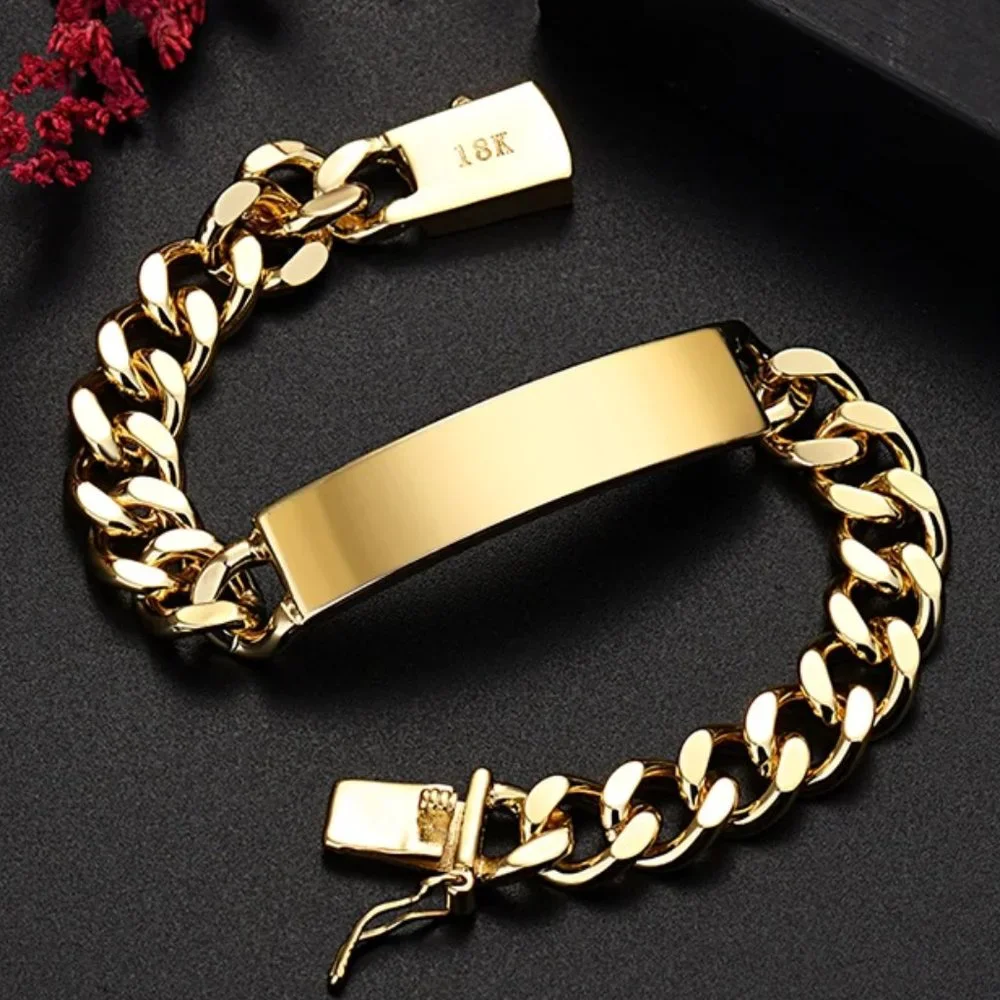 Awesome Men's Large I.D Style Bracelet Stamped 18k Gold